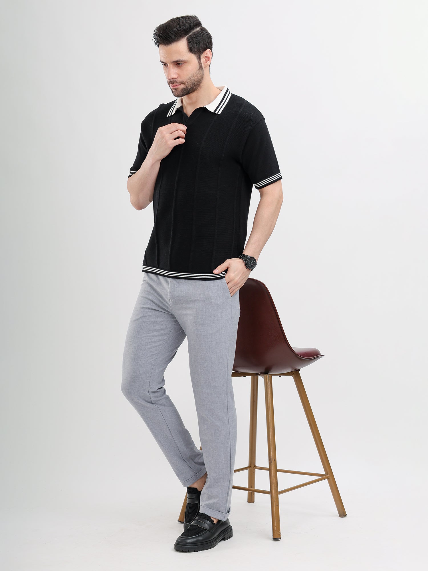 M Excess Contrast Black Knit Polo
