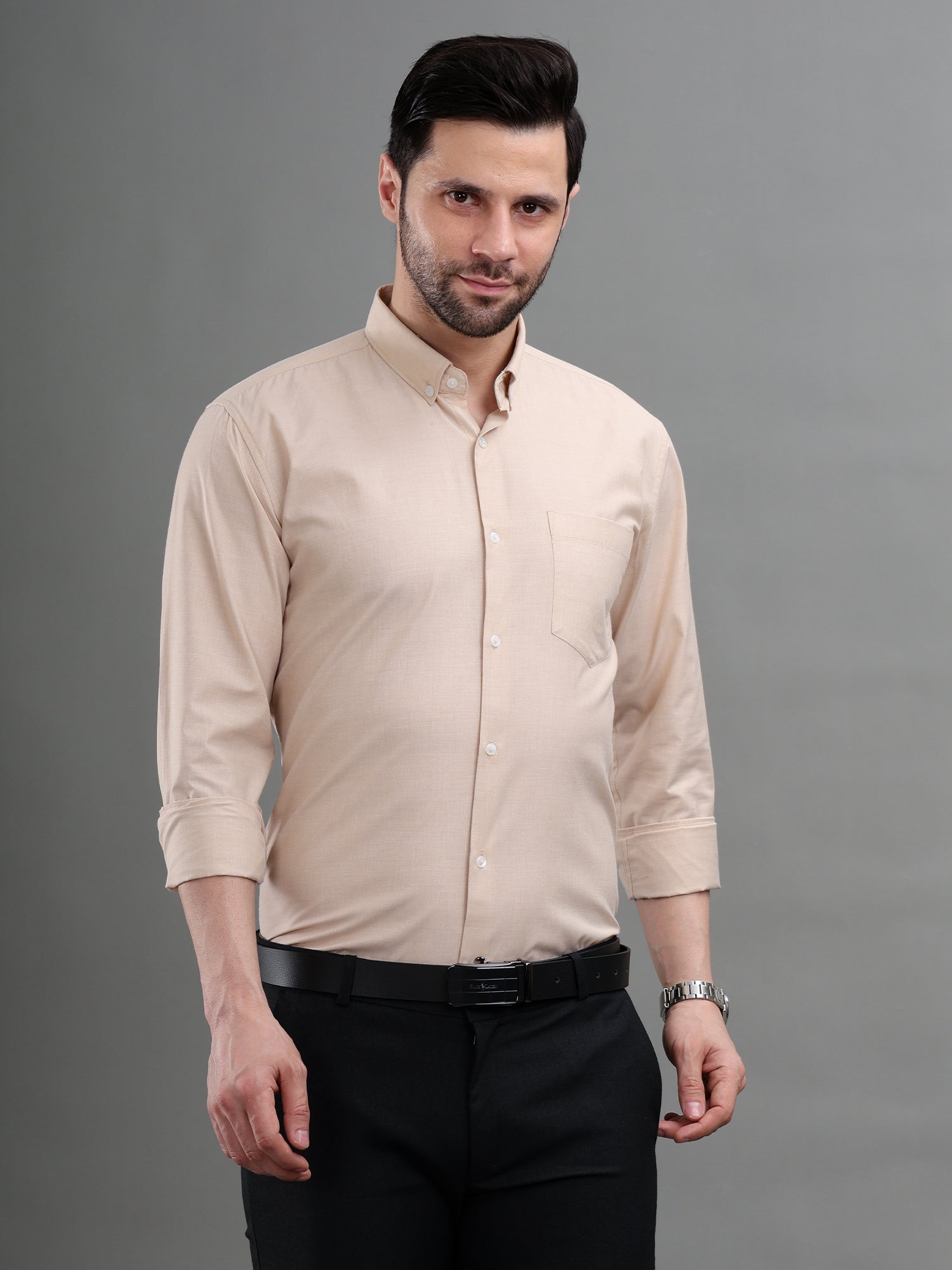 M Excess Solid Pastel Peach Dress Shirt