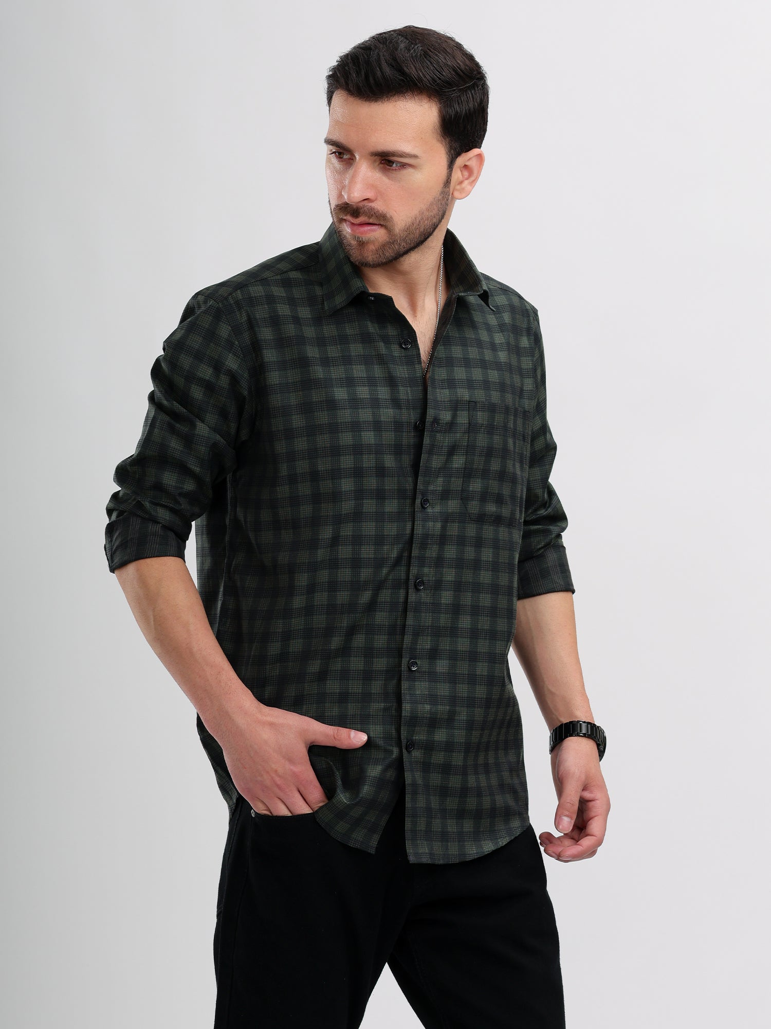 M Excess Checks Dark Green Dress Shirt