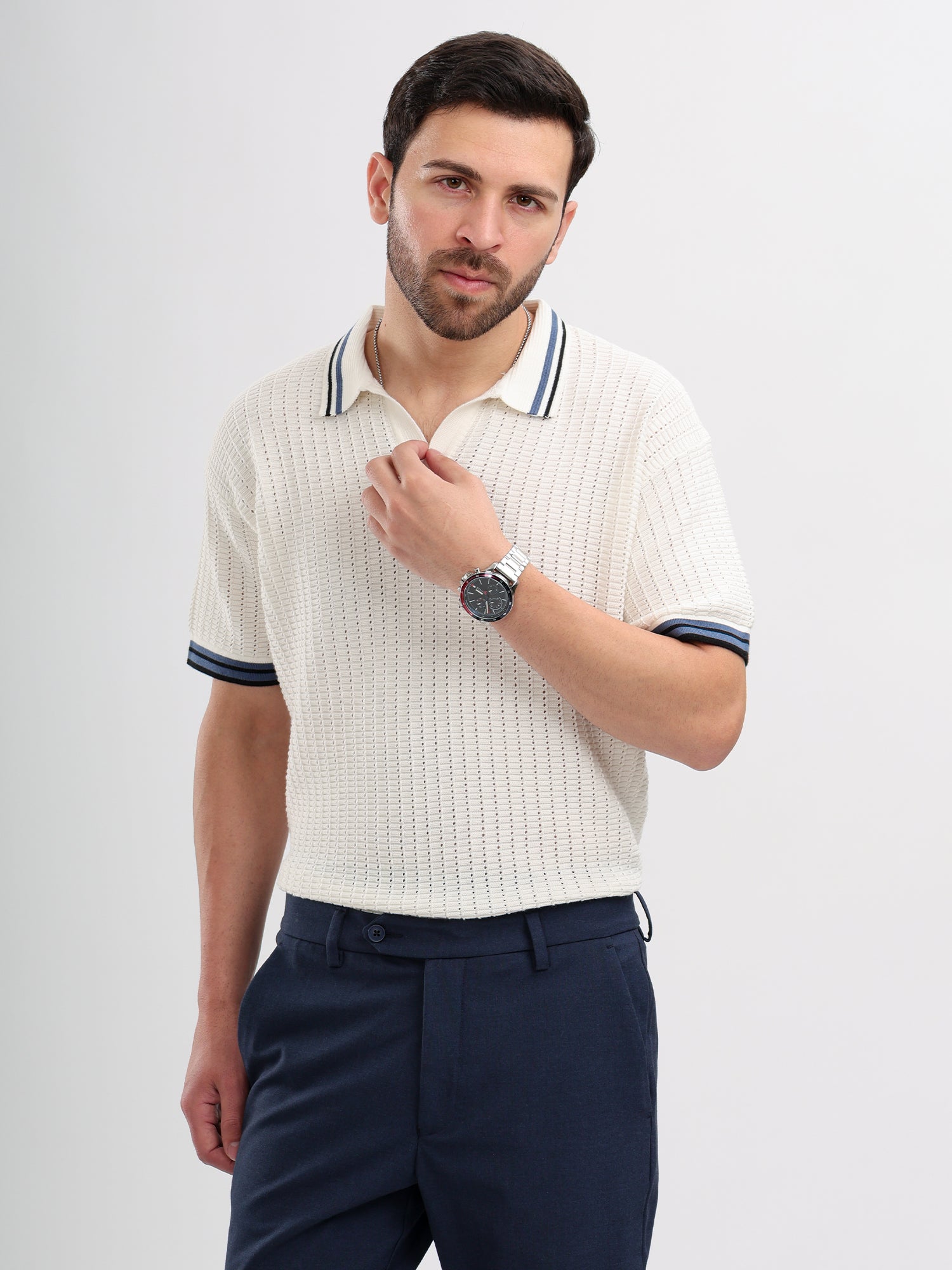 M Excess White & Blue Knit Polo