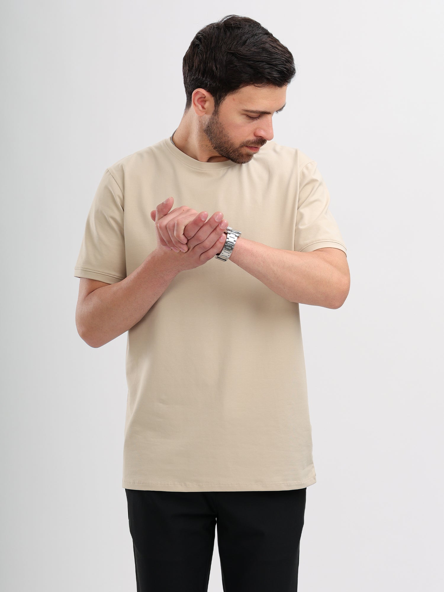 M Excess Beige Essential Crew Neck T-Shirts