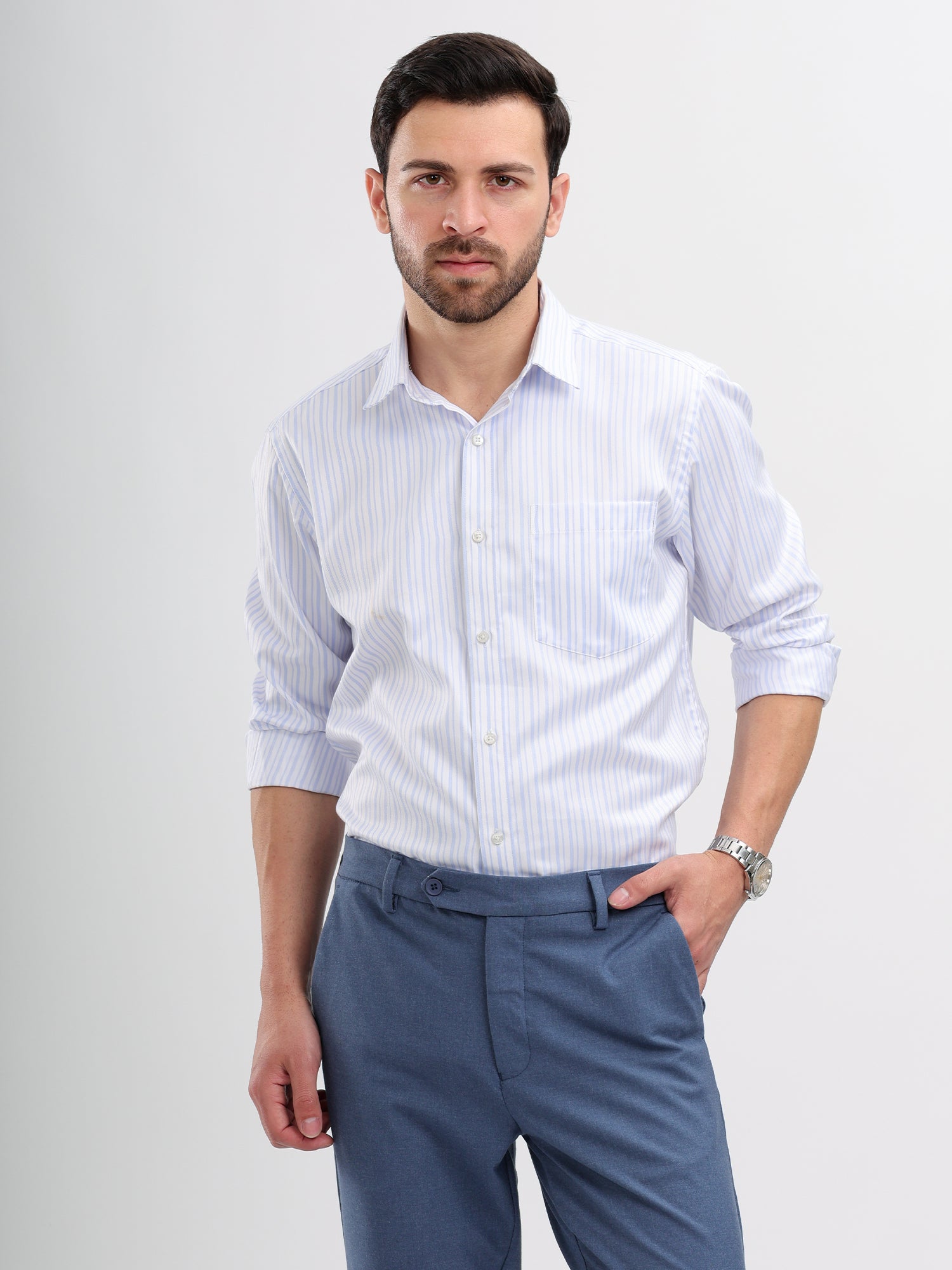 M Excess Stripes Blue & White Dress Shirt