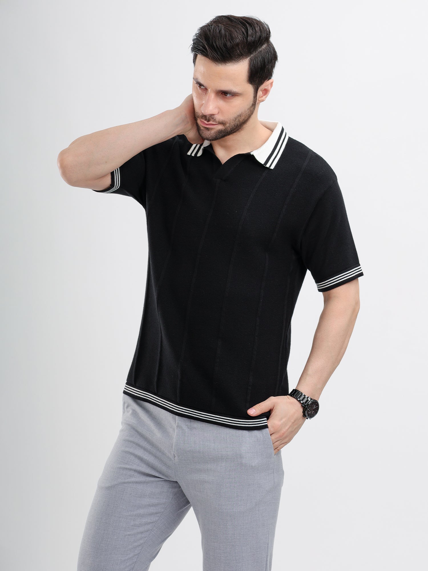 M Excess Contrast Black Knit Polo
