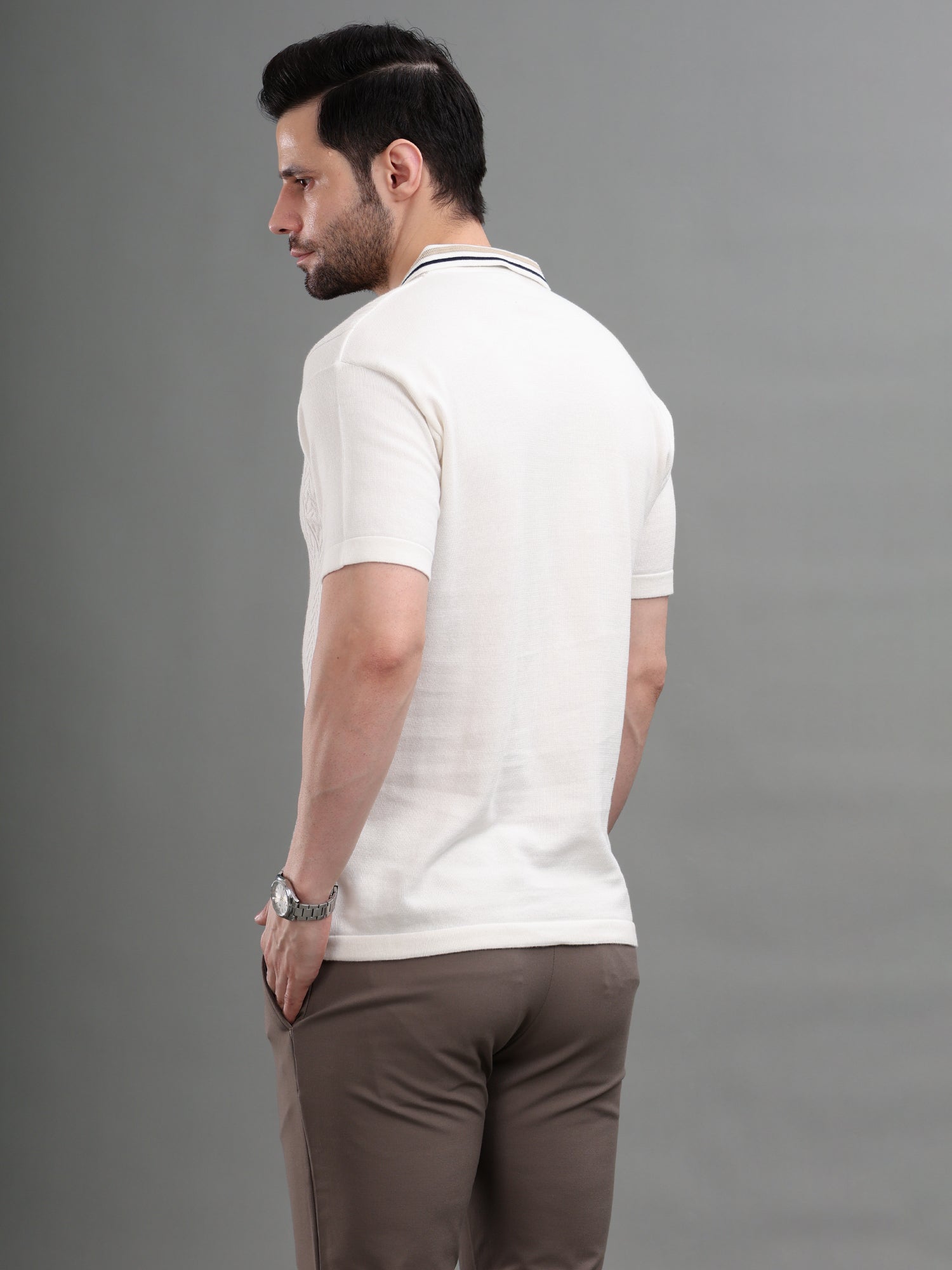 M Excess White/Blue Panel Knit Polo
