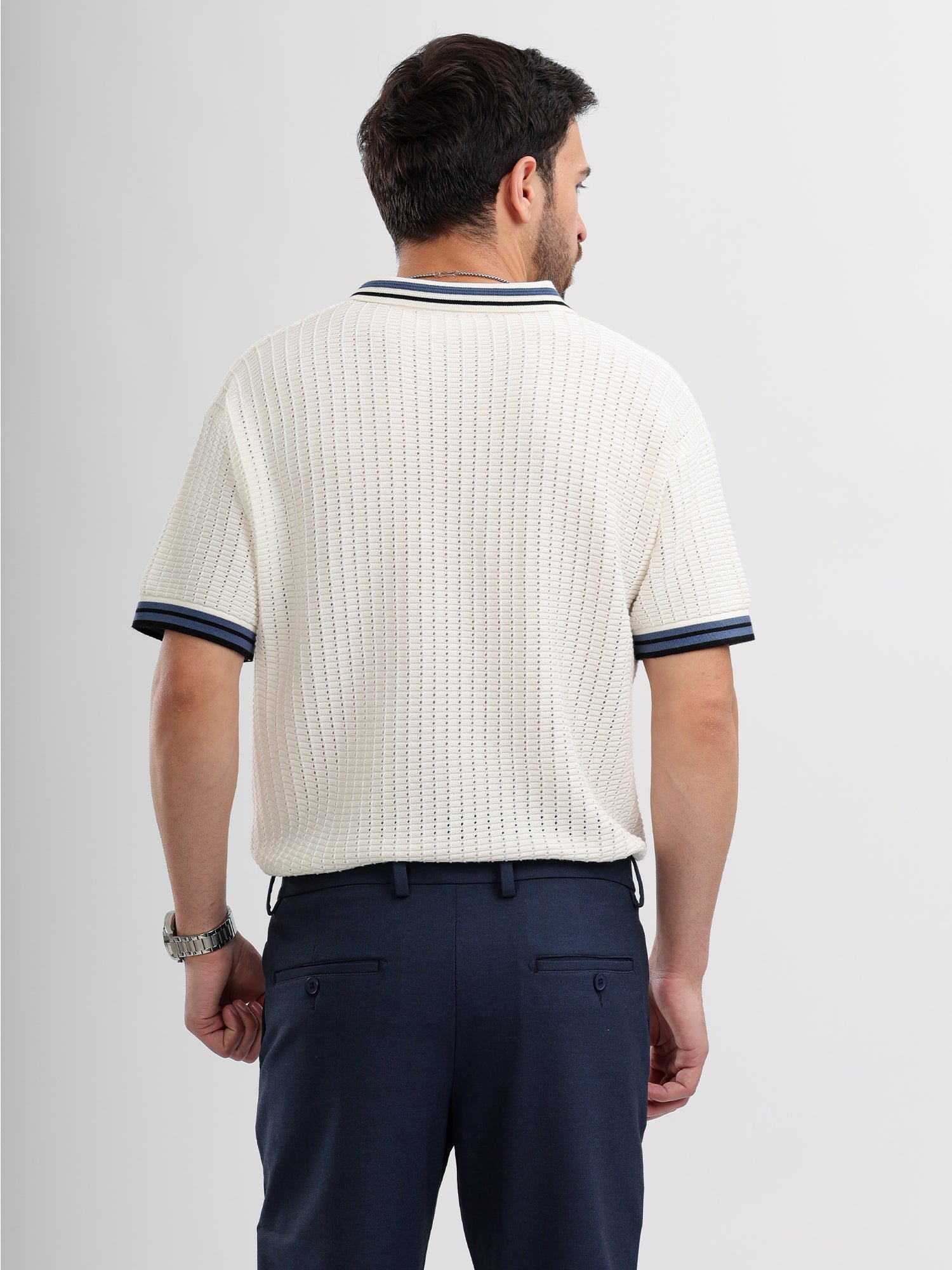 M Excess White & Blue Knit Polo