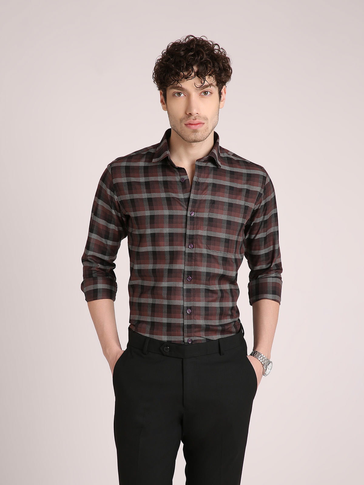 M Excess Checks Dark Brown Dress Shirt