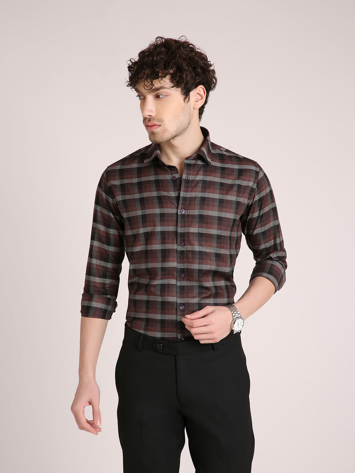 M Excess Checks Dark Brown Dress Shirt
