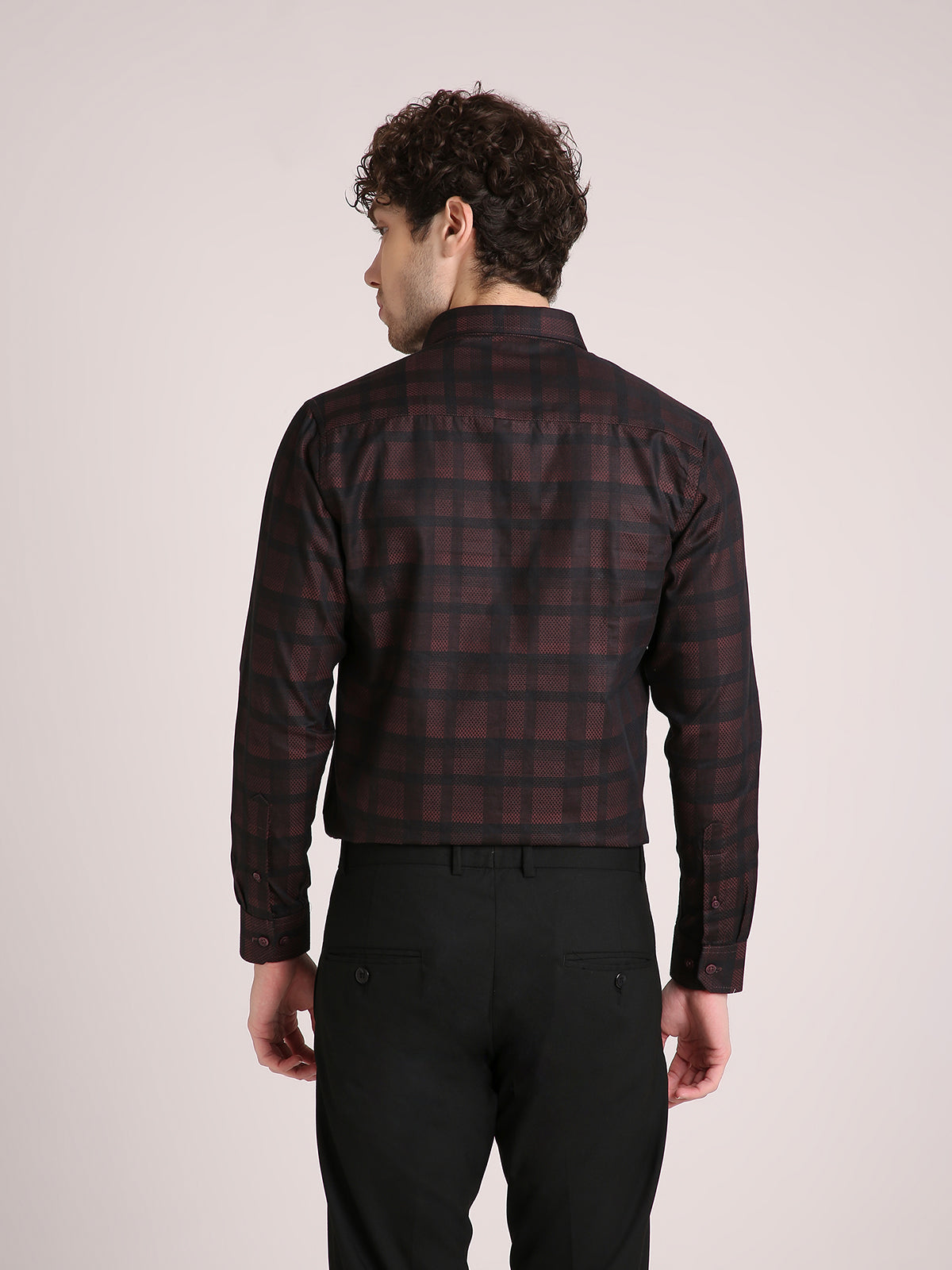 M Excess Checks Dark Maroon Dress Shirt