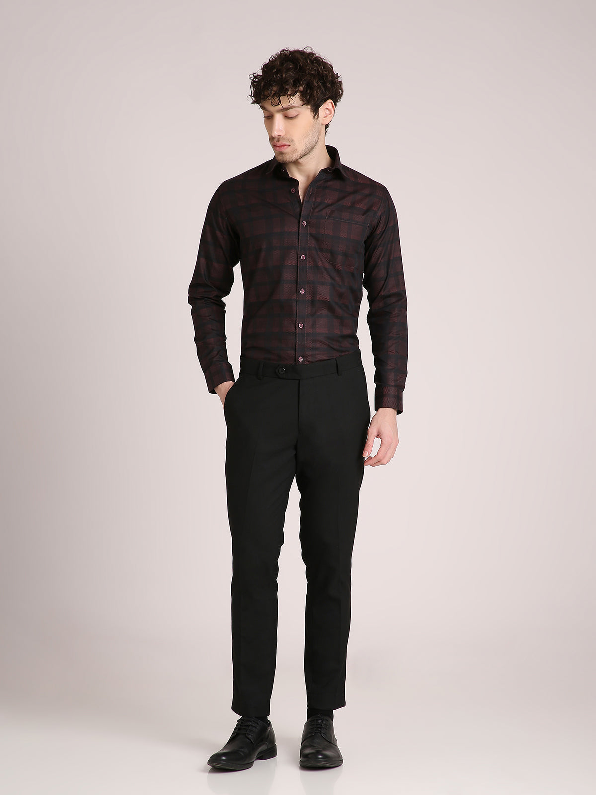 M Excess Checks Dark Maroon Dress Shirt