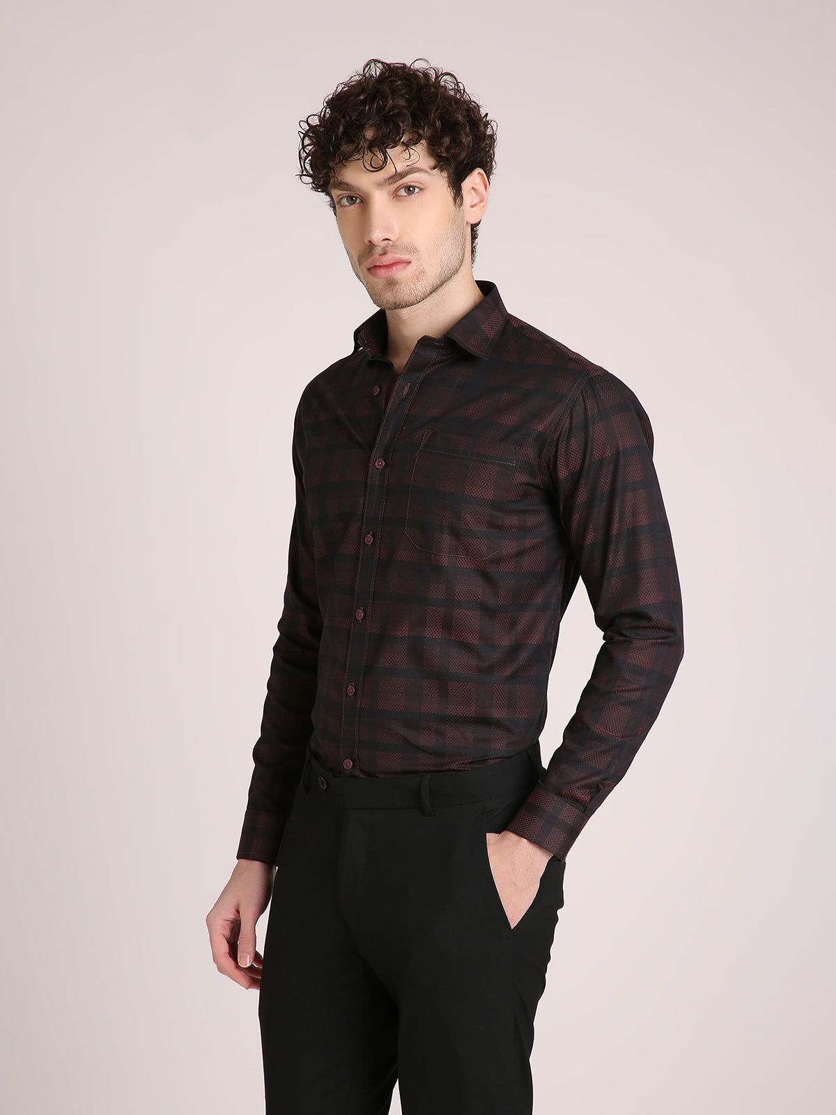 M Excess Checks Dark Maroon Dress Shirt
