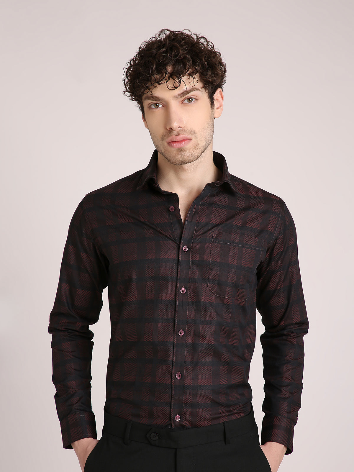 M Excess Checks Dark Maroon Dress Shirt