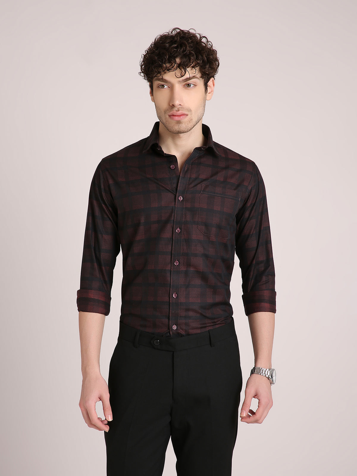 M Excess Checks Dark Maroon Dress Shirt