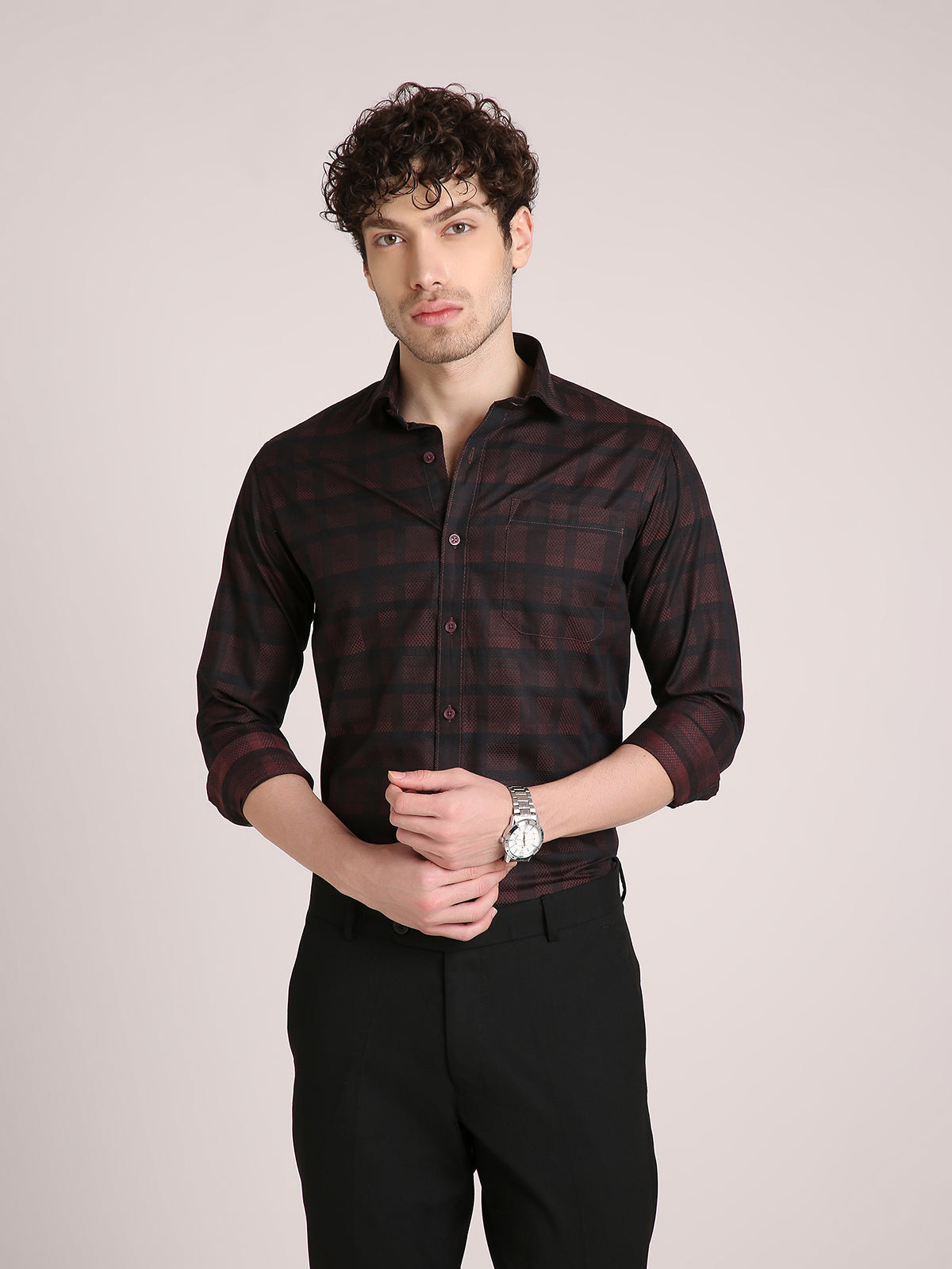 M Excess Checks Dark Maroon Dress Shirt