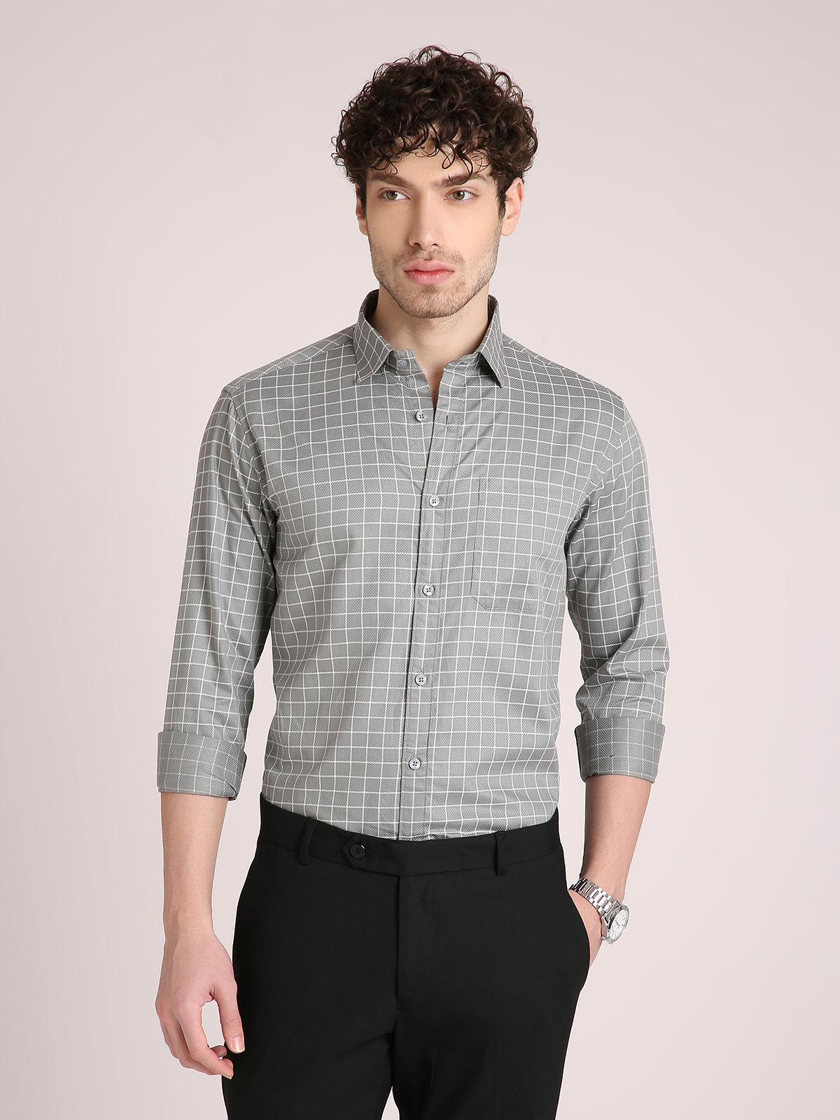 M Excess Checks Teal Blue Dress Shirt
