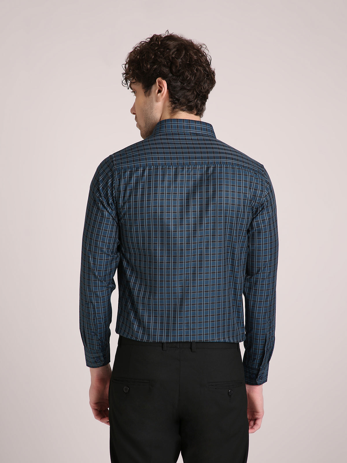 M Excess Checks Navy Blue Dress Shirt