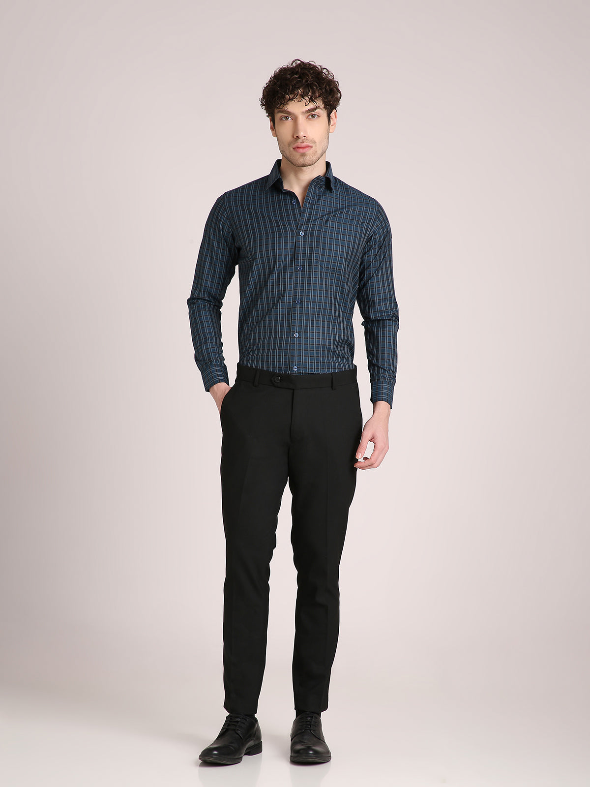 M Excess Checks Navy Blue Dress Shirt
