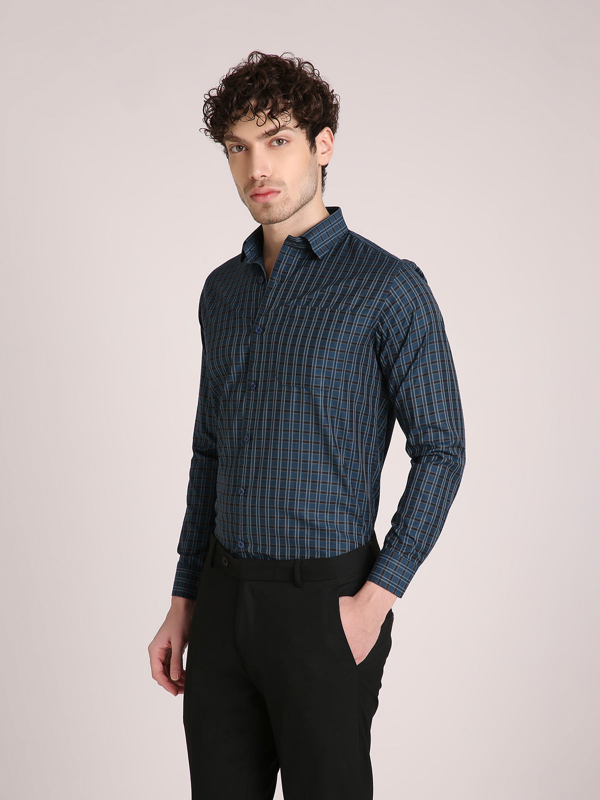M Excess Checks Navy Blue Dress Shirt