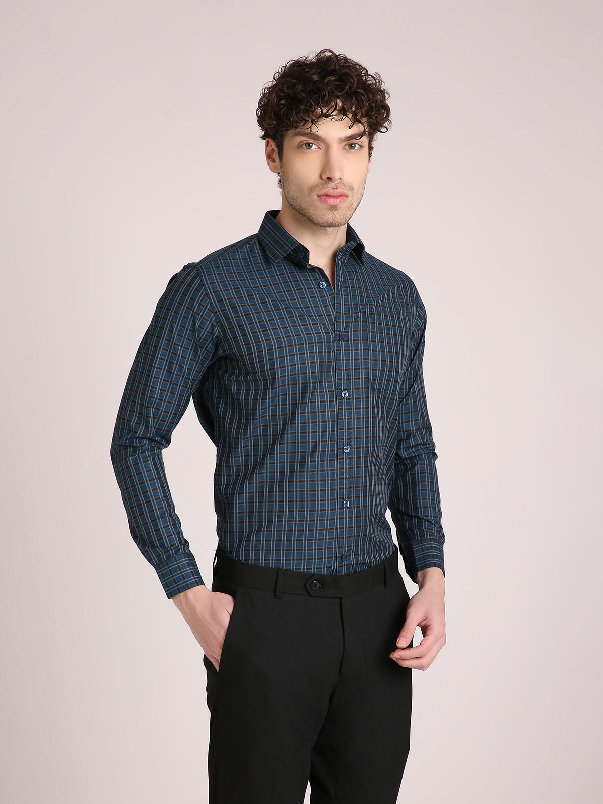 M Excess Checks Navy Blue Dress Shirt