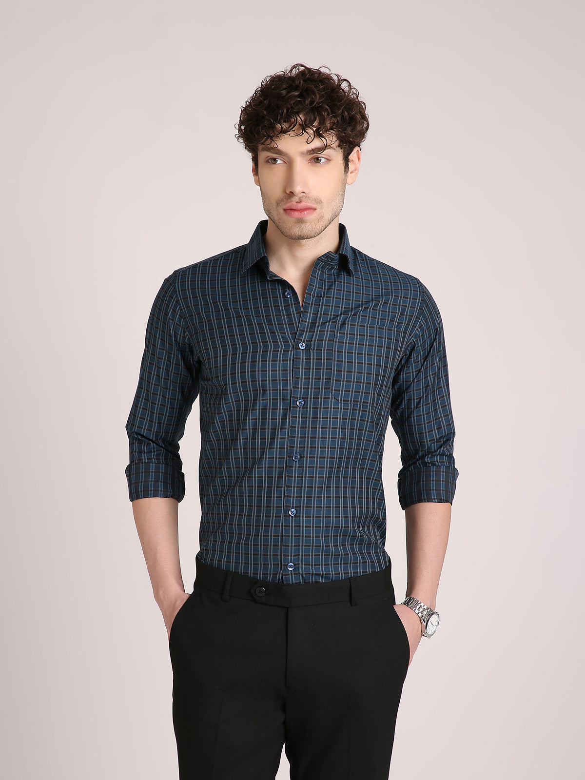 M Excess Checks Navy Blue Dress Shirt