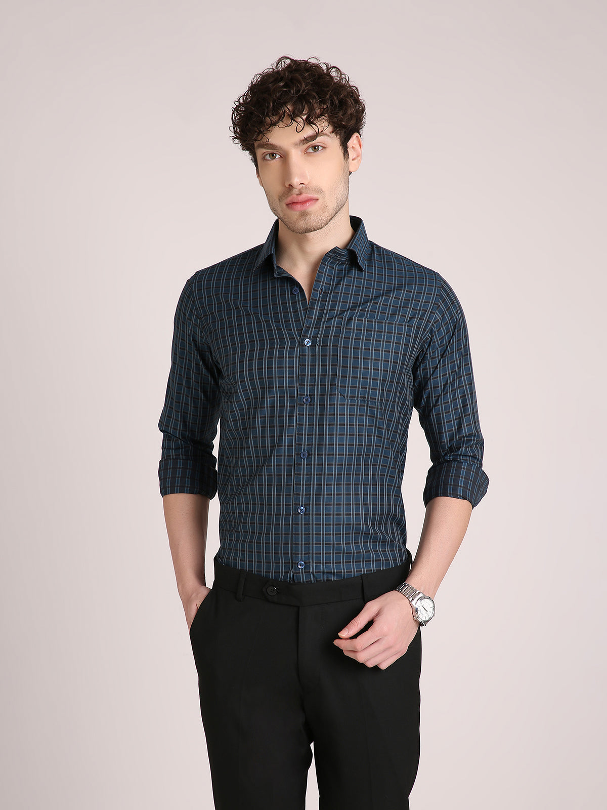 M Excess Checks Navy Blue Dress Shirt
