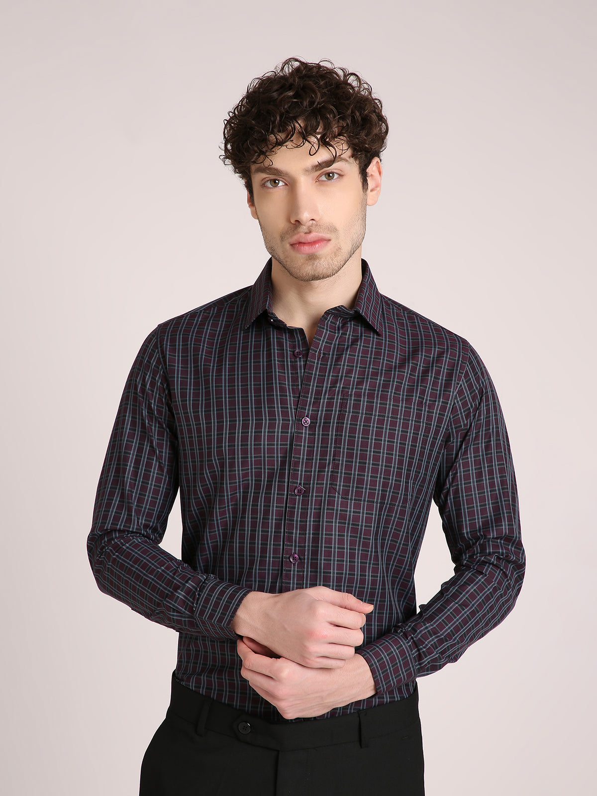 M Excess Checks Maroon Dress Shirt