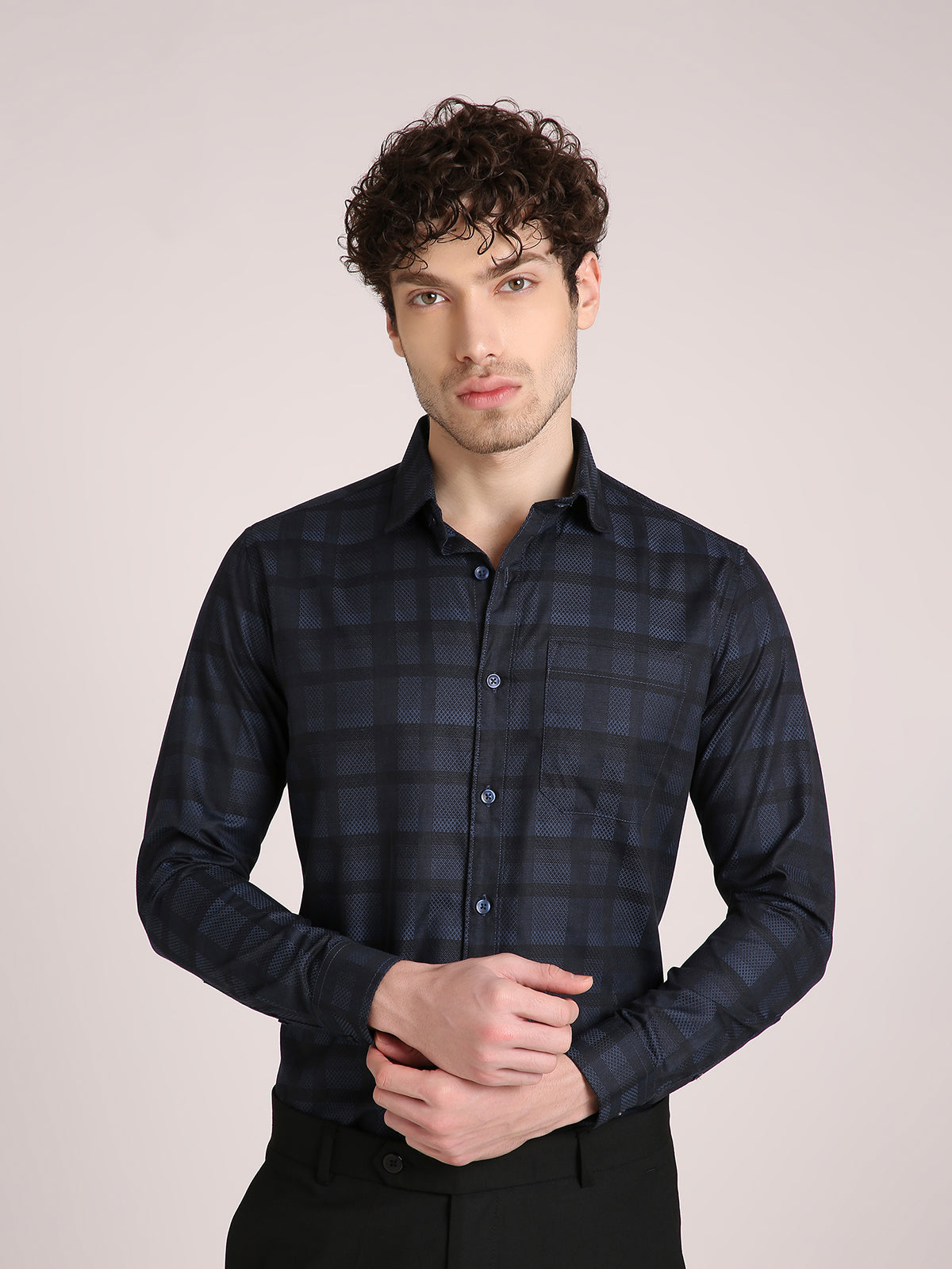 M Excess Checks Midnight Blue Dress Shirt