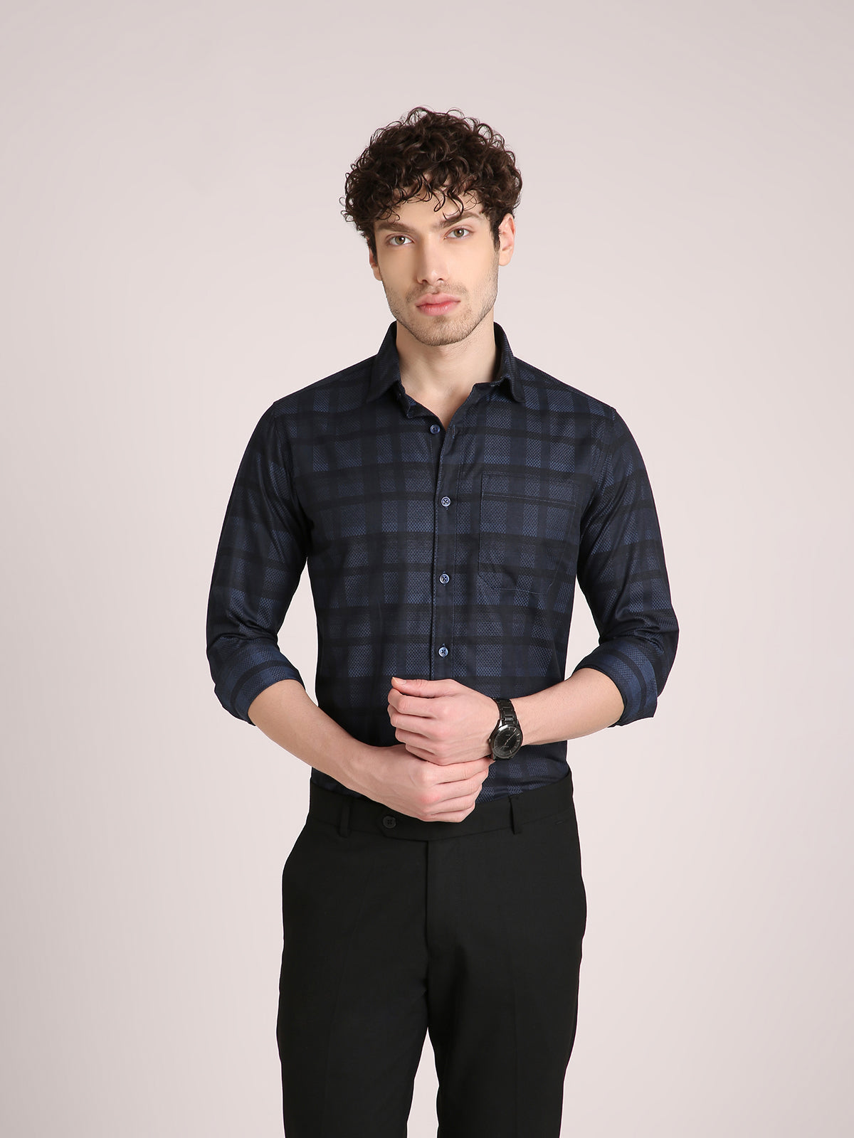M Excess Checks Midnight Blue Dress Shirt