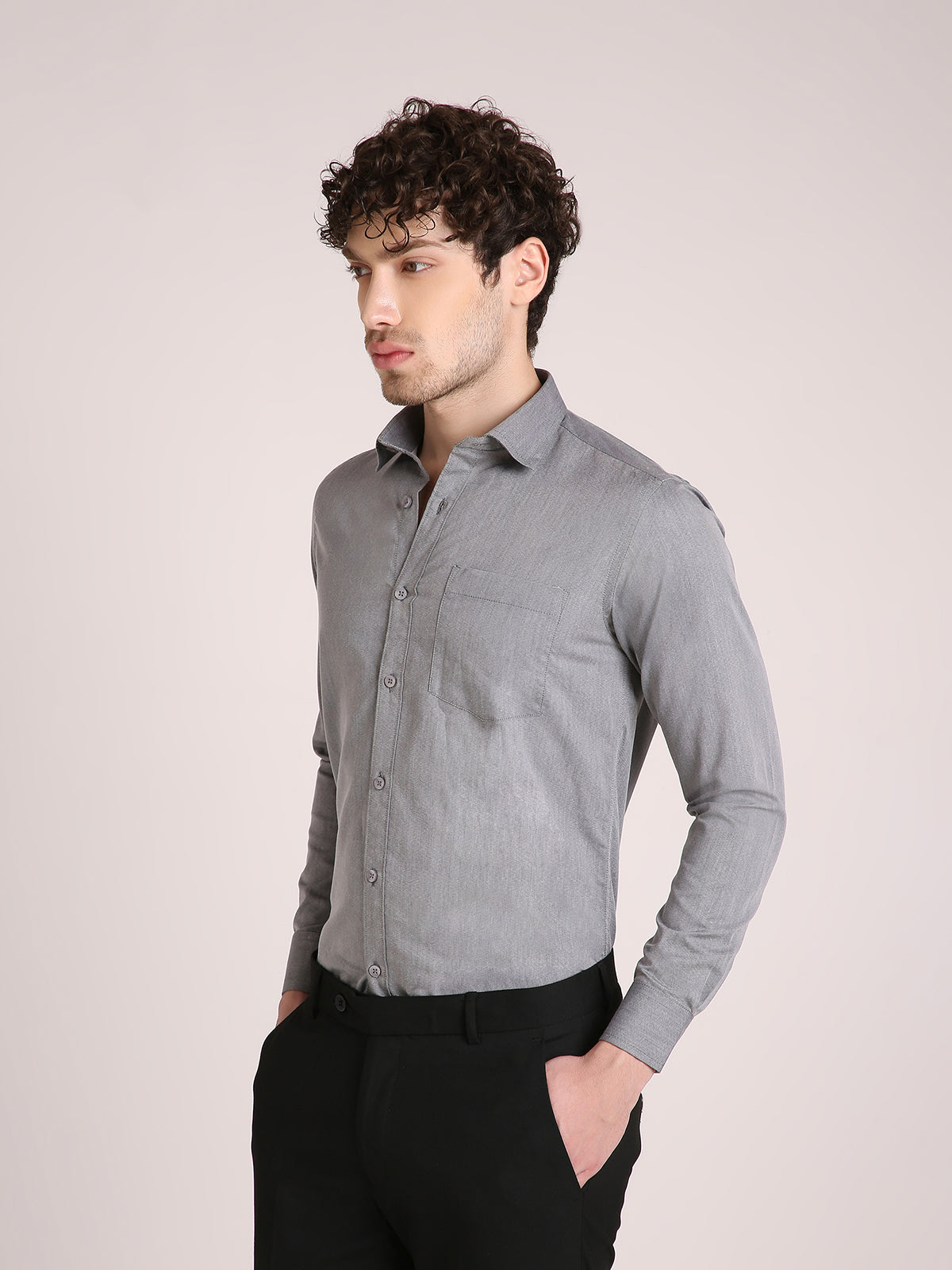 M Excess Solid Fossil Grey Dress Shirt