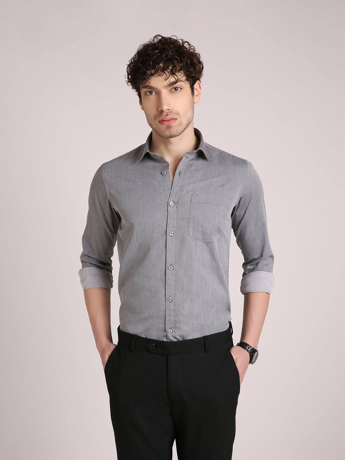 M Excess Solid Fossil Grey Dress Shirt