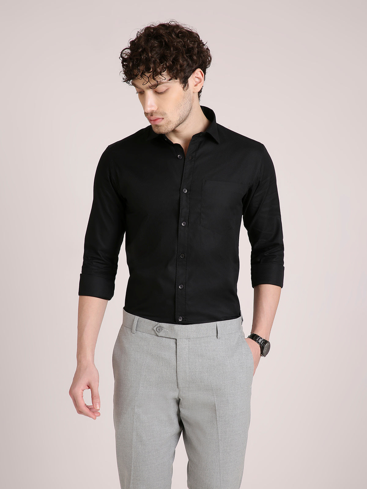 M Excess Solid Black Dress Shirt