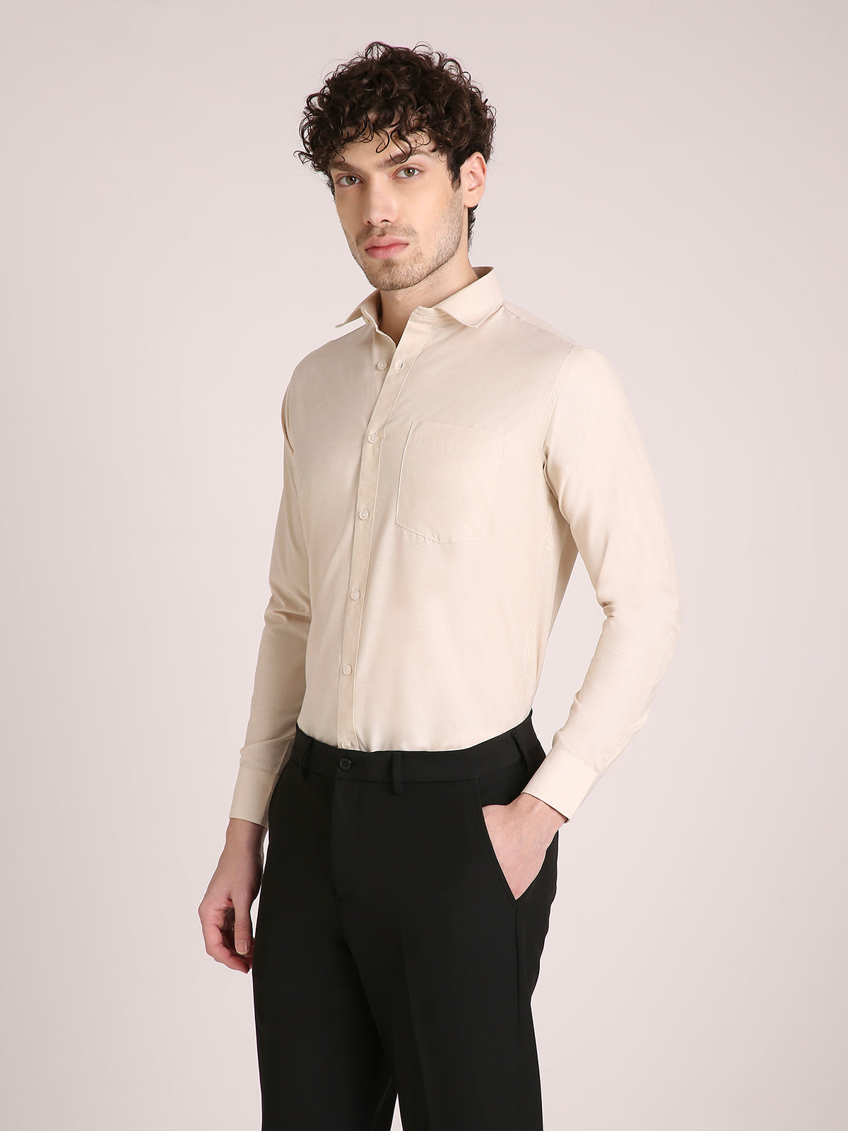 M Excess Solid Beige Dress Shirt