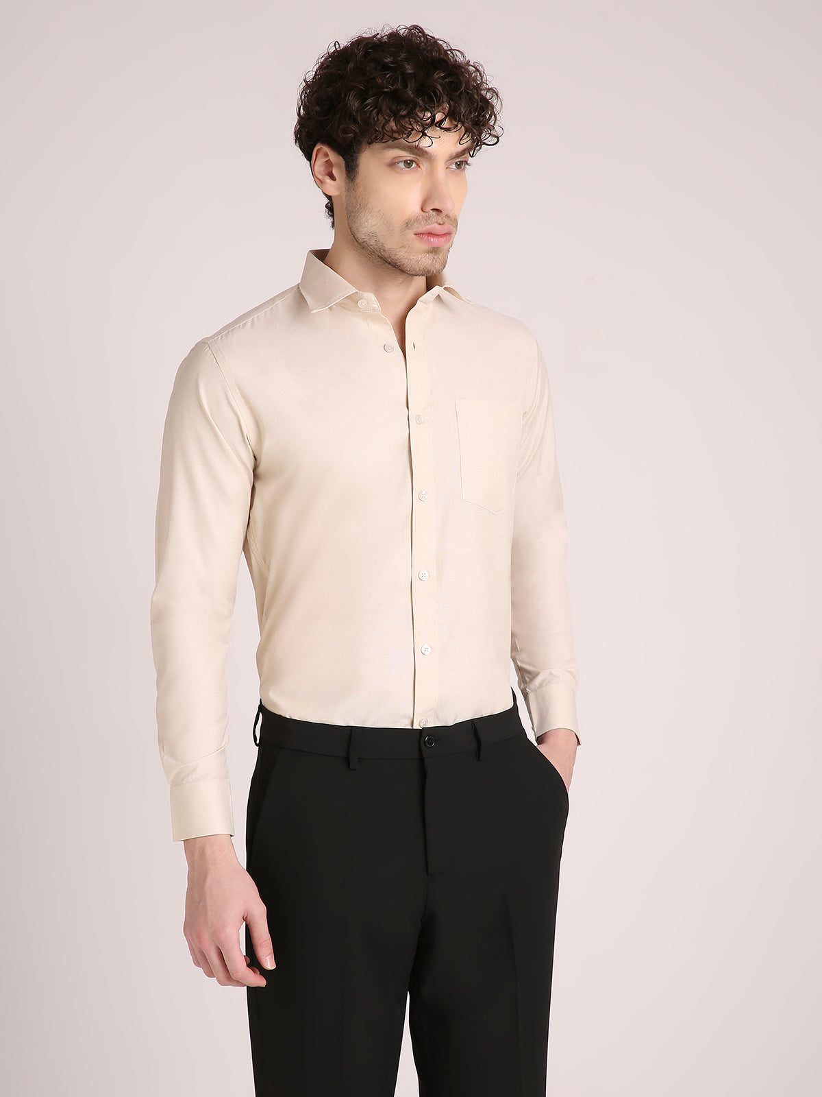 M Excess Solid Beige Dress Shirt