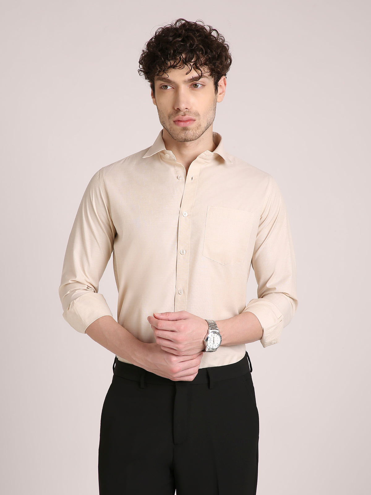 M Excess Solid Beige Dress Shirt