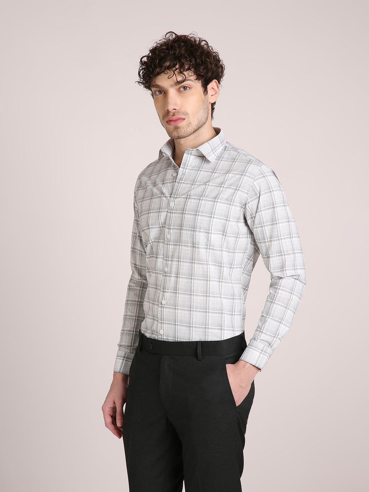 M Excess Checks Light Grey Dress Shirt