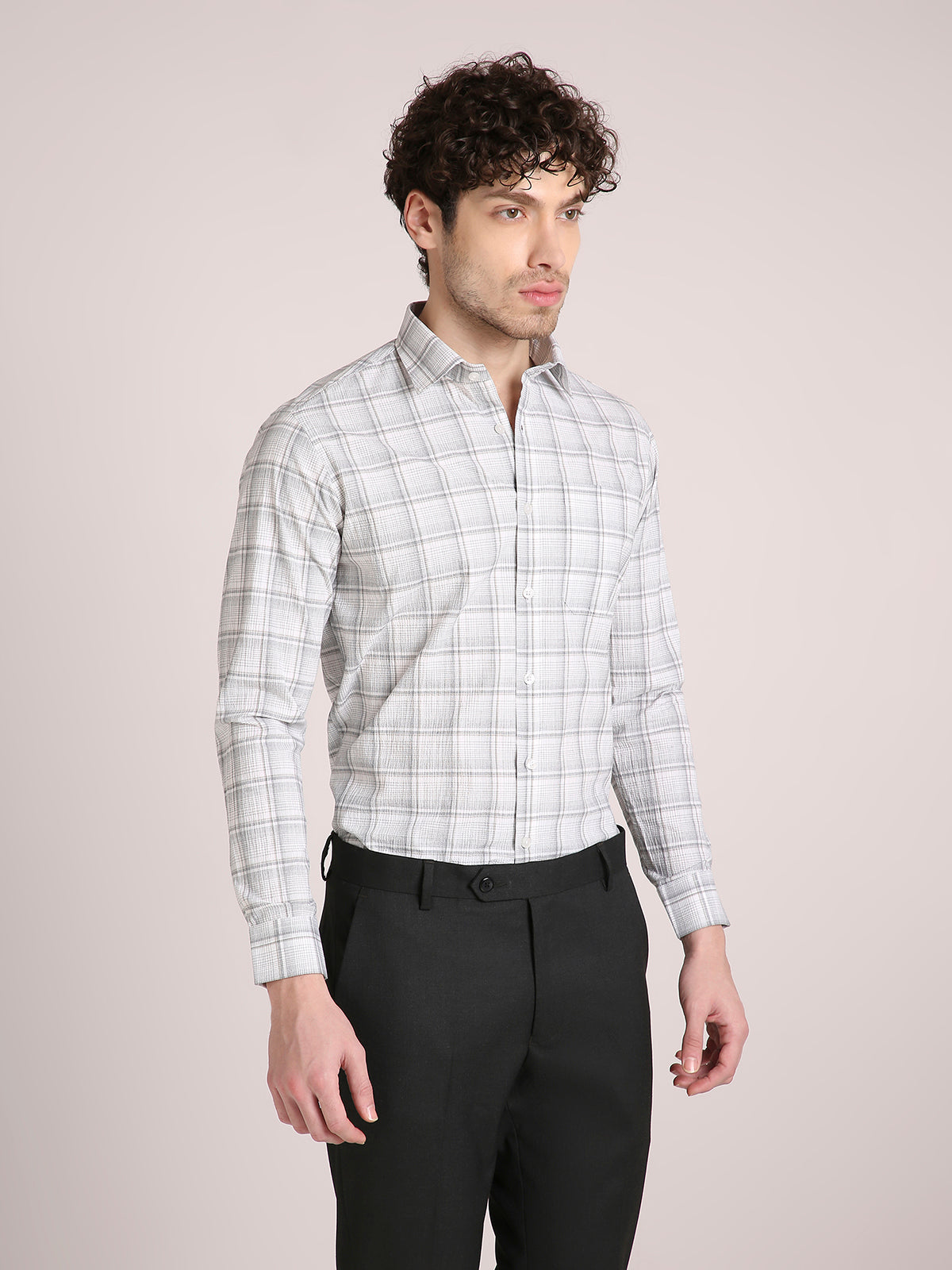 M Excess Checks Light Grey Dress Shirt