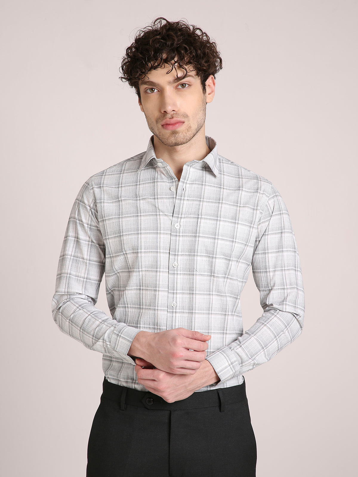 M Excess Checks Light Grey Dress Shirt