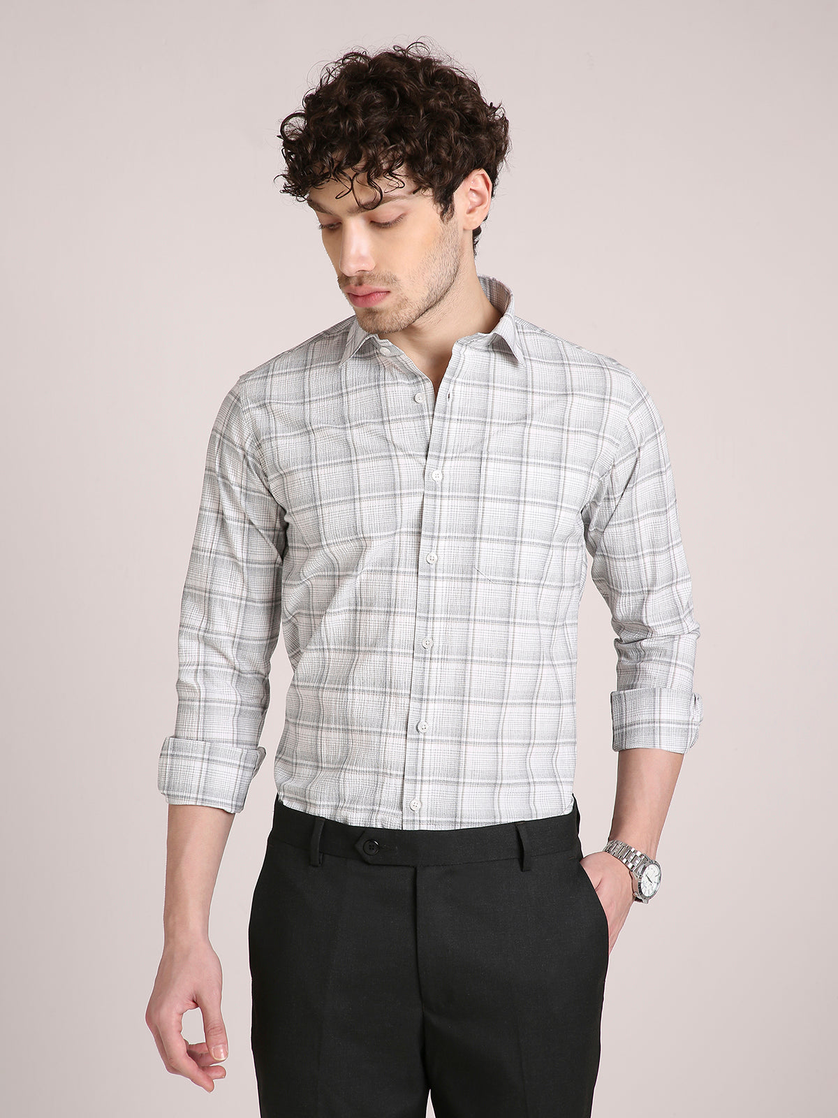 M Excess Checks Light Grey Dress Shirt