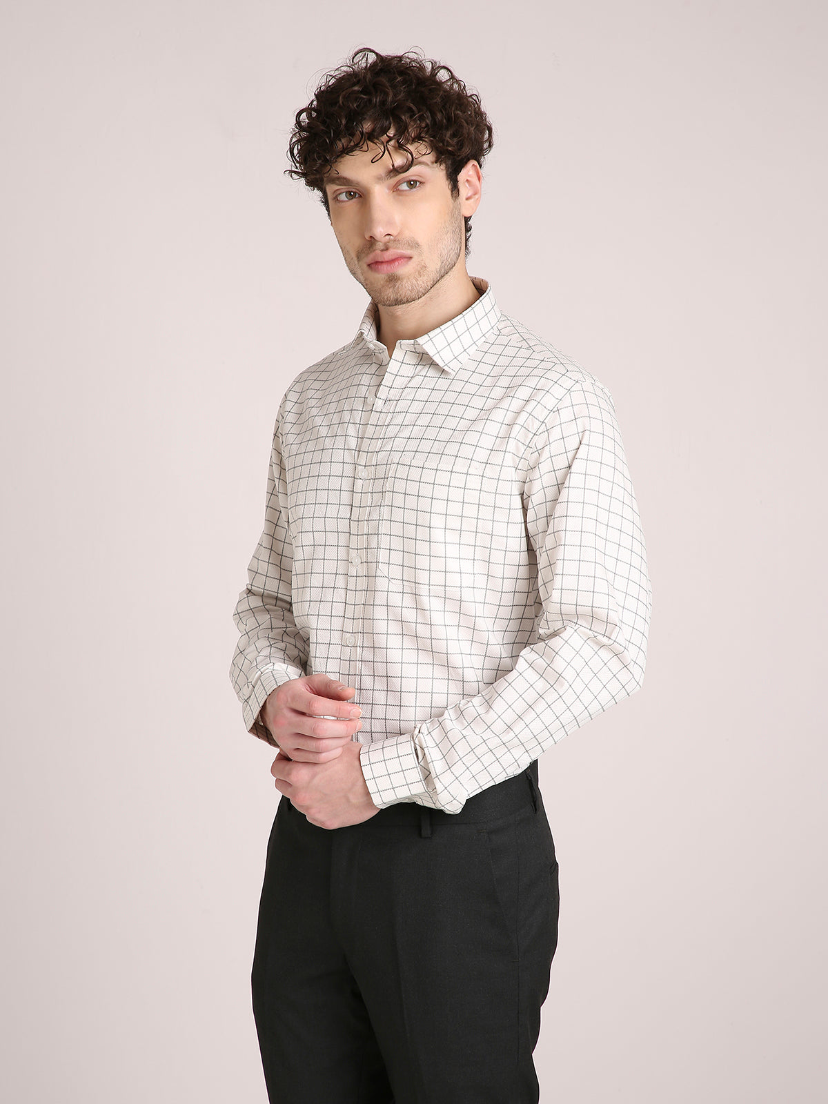 M Excess Checks White Structured Dress Shirt