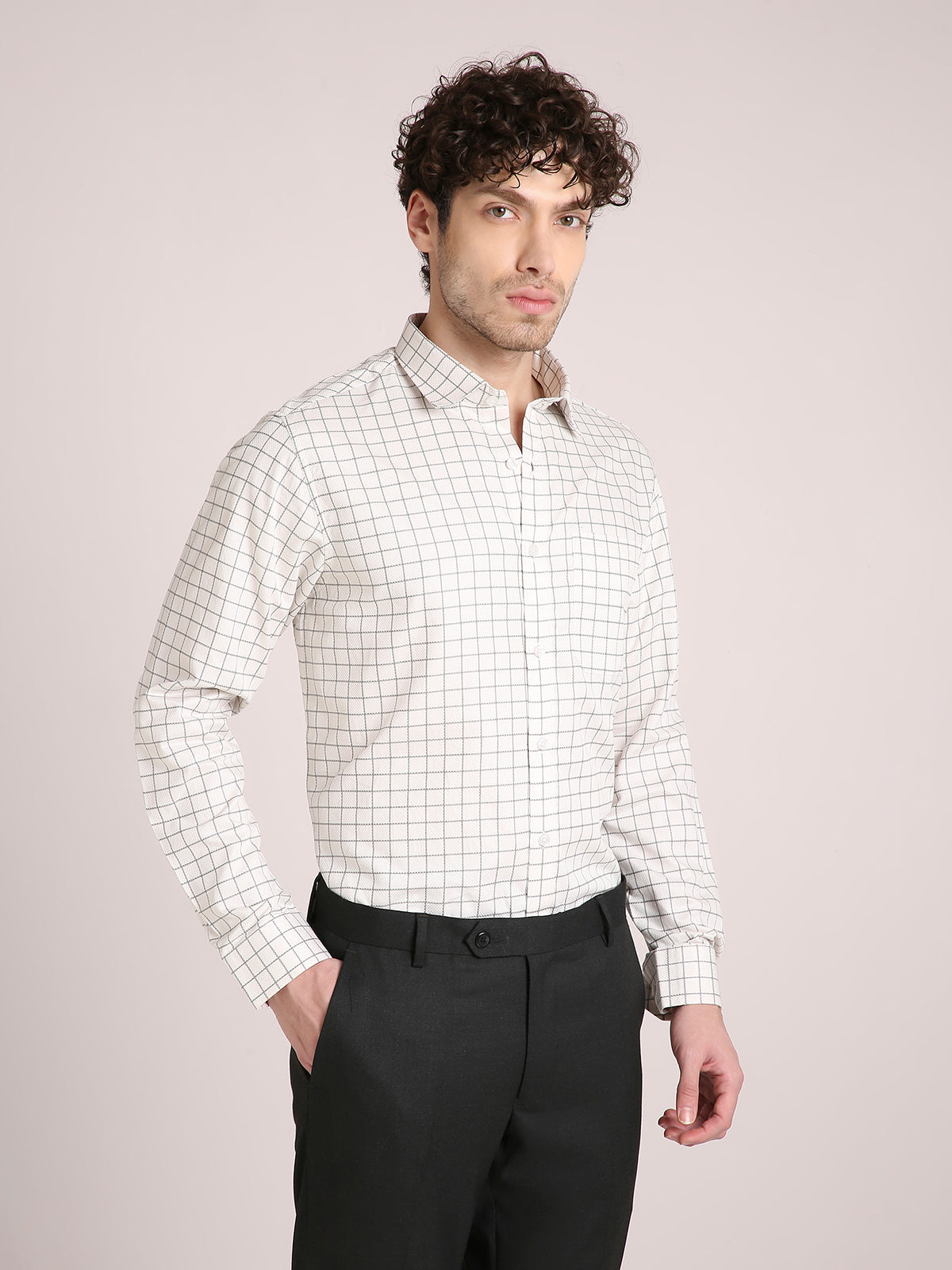M Excess Checks White Structured Dress Shirt