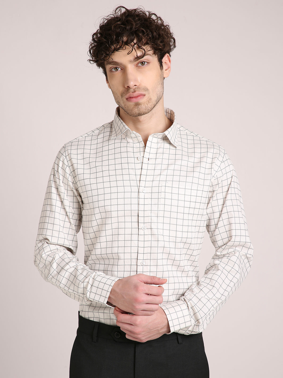 M Excess Checks White Structured Dress Shirt