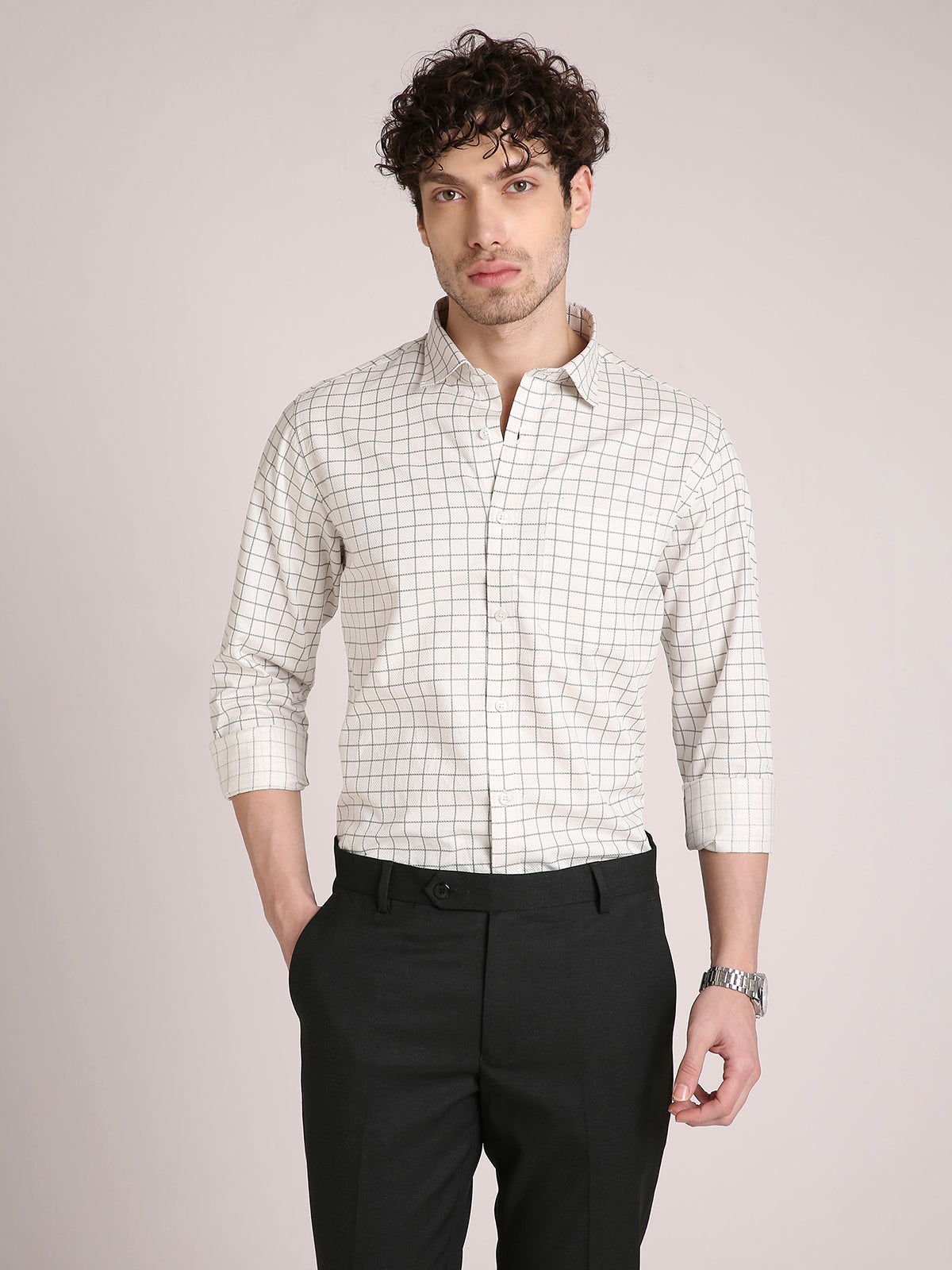 M Excess Checks White Structured Dress Shirt