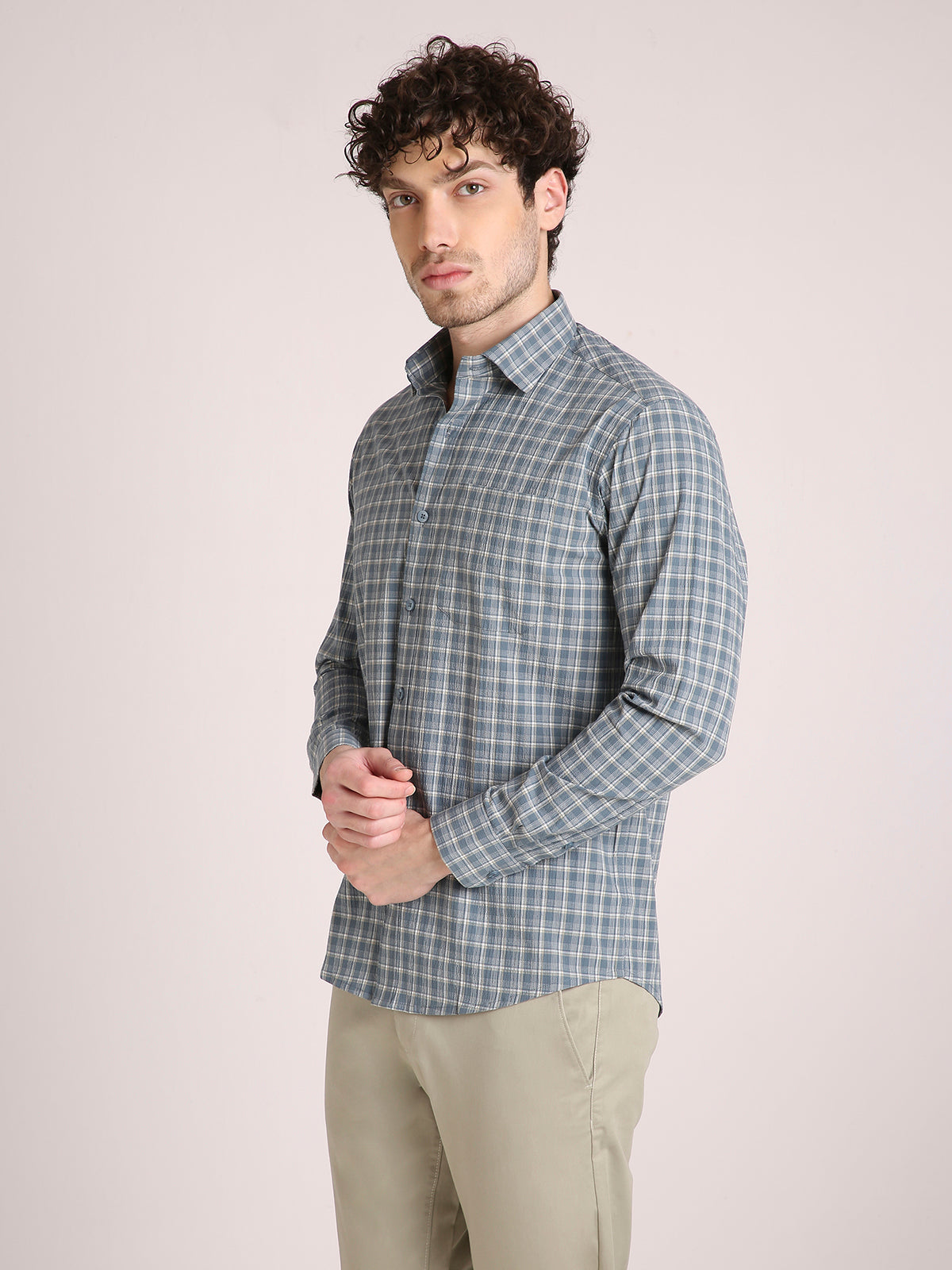 M Excess Checks Steel Blue Dress Shirt