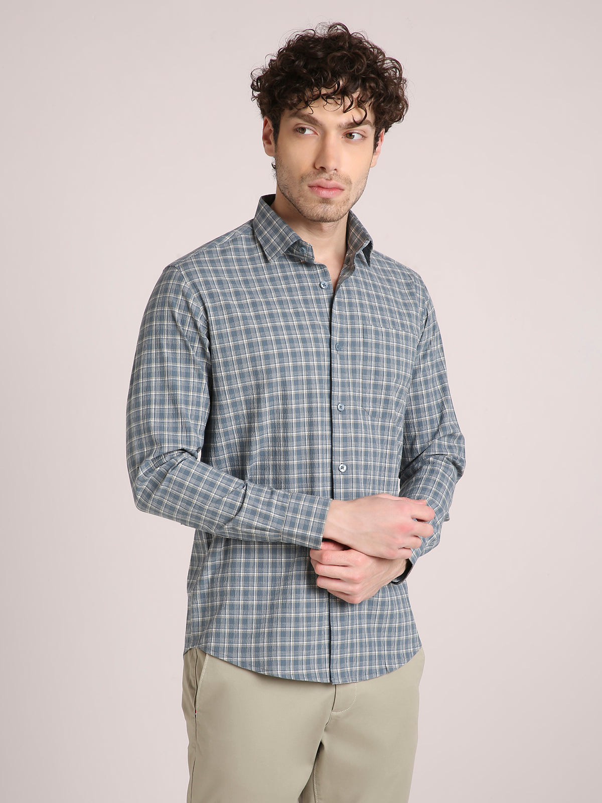 M Excess Checks Steel Blue Dress Shirt