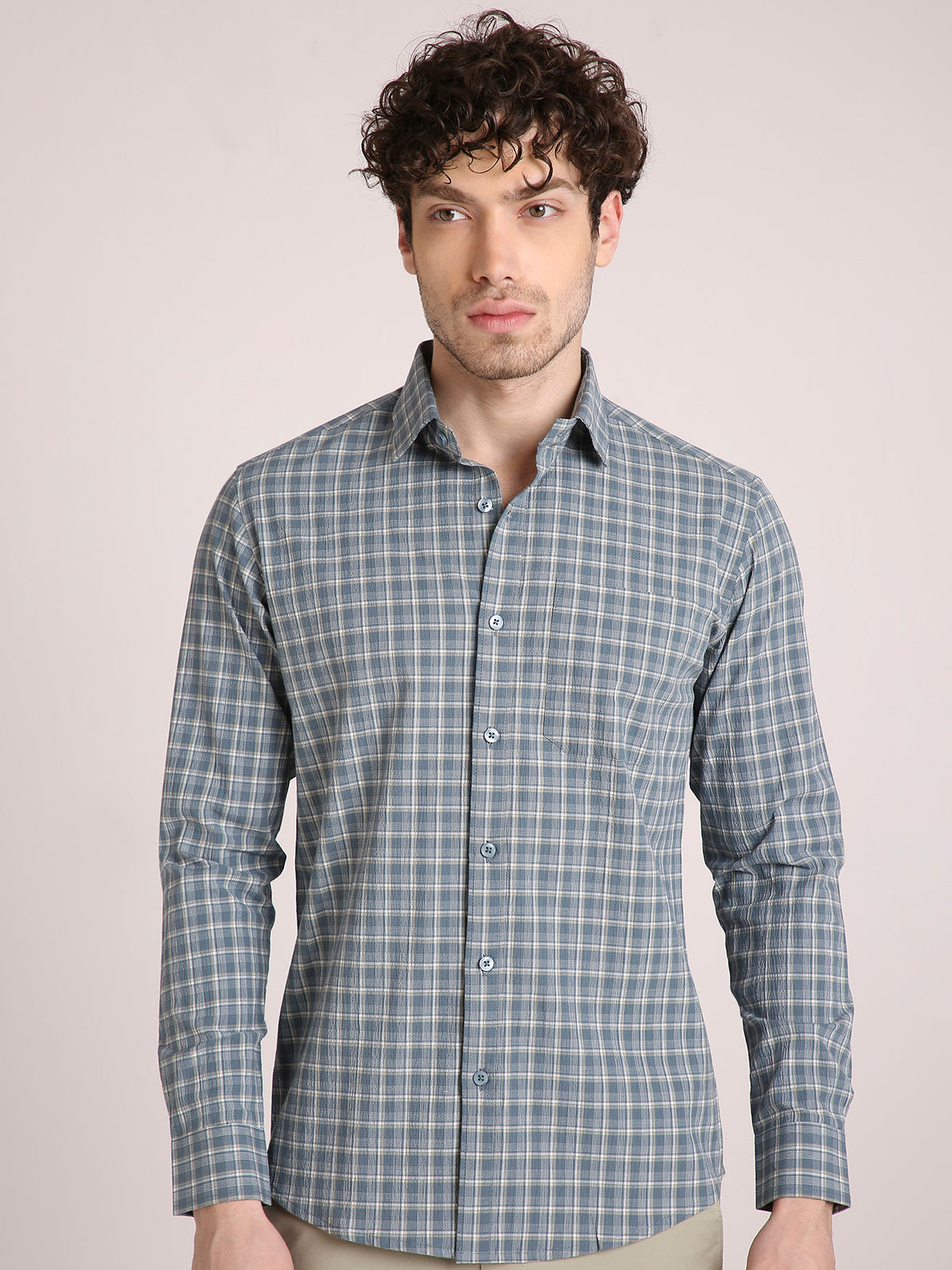 M Excess Checks Steel Blue Dress Shirt