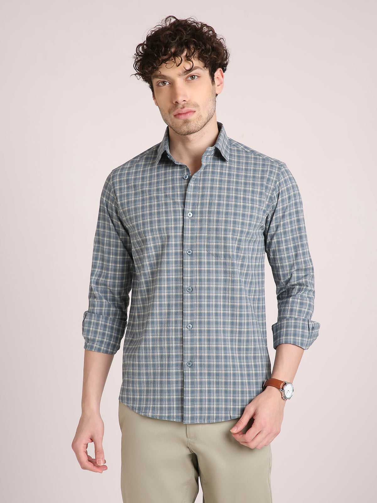 M Excess Checks Steel Blue Dress Shirt