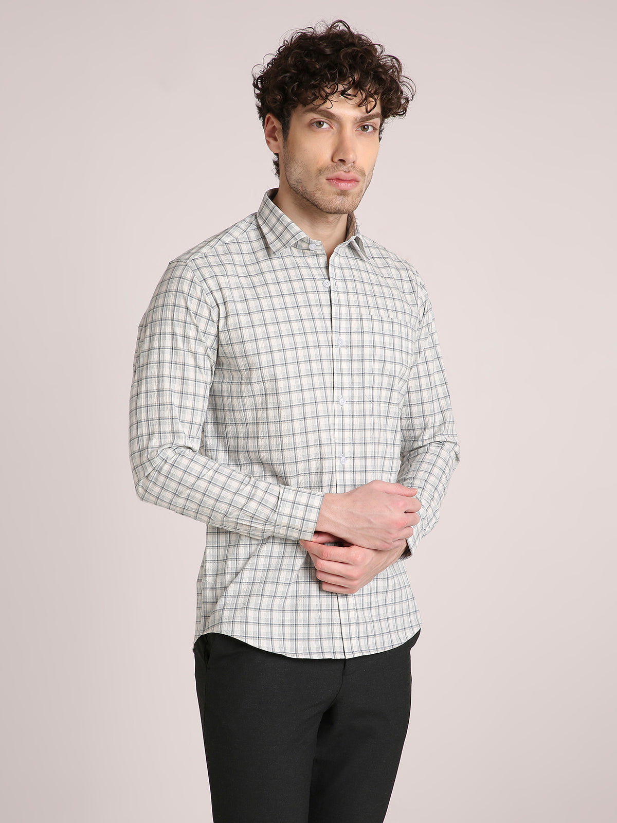 M Excess Checks Off White Dress Shirt