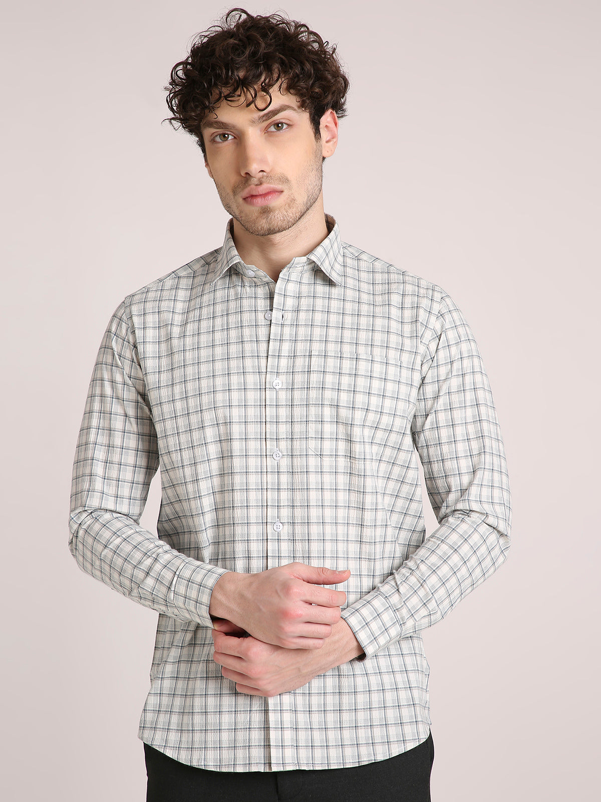 M Excess Checks Off White Dress Shirt