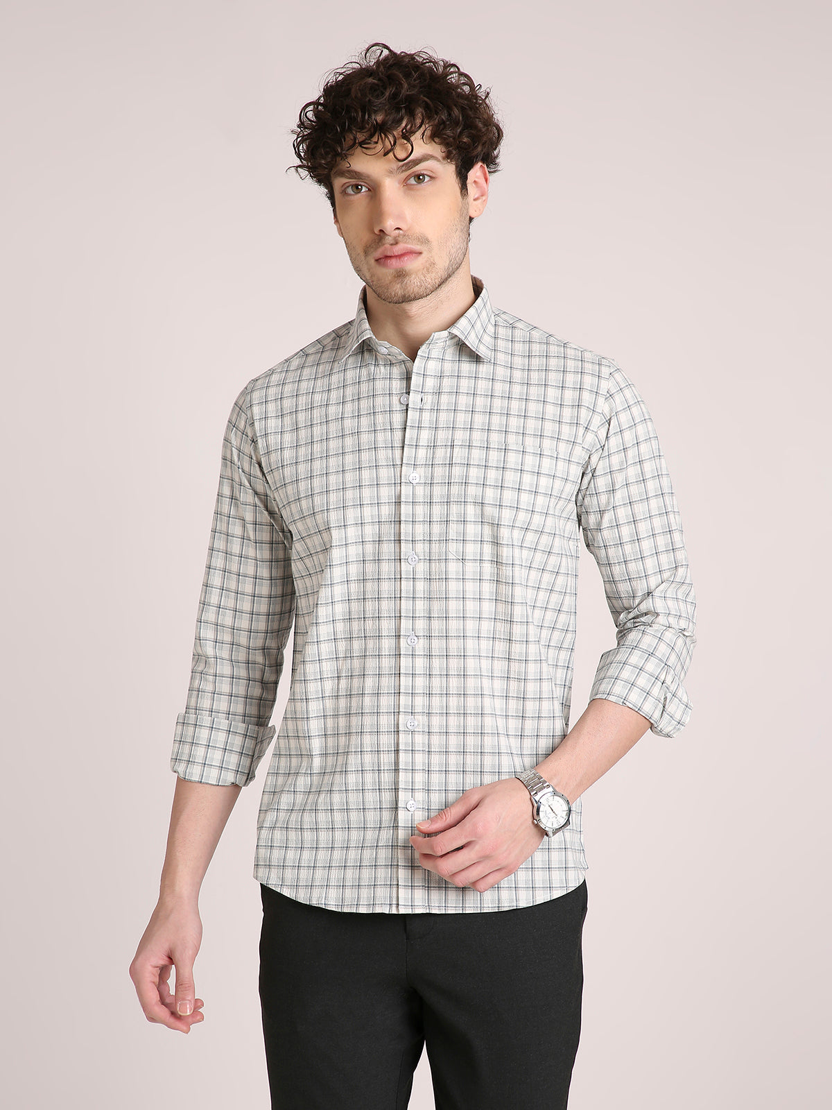 M Excess Checks Off White Dress Shirt